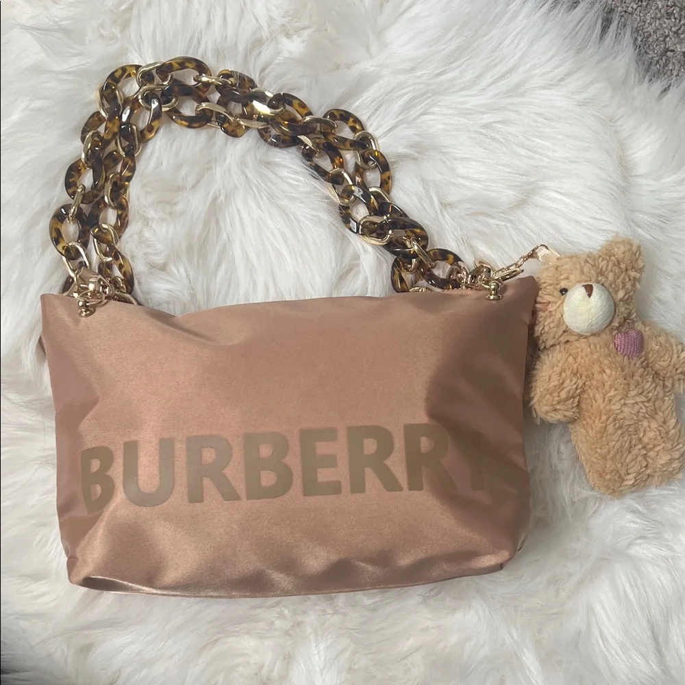 Burberry Converted Brown Shoulder Bag with Tortoise Chain and Fuzzy Bear - Picture 1 of 7